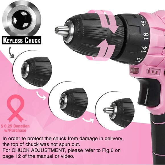 12V Pink Cordless Drill Driver and Home Tool Kit, Hand Tool Set for DIY - Picture 3 of 6